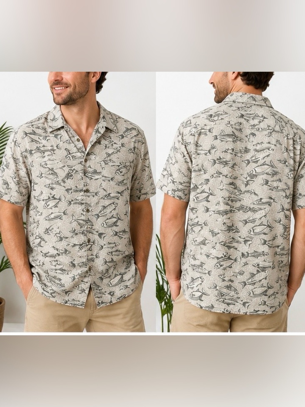Columbia Sportswear Fish Print Short Sleeve Button Down Size M